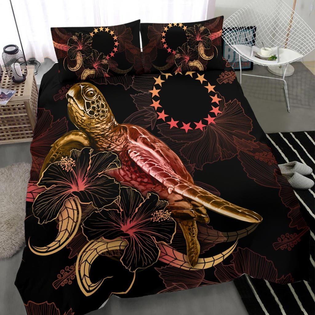Cook Islands Polynesian Bedding Set - Turtle With Blooming Hibiscus Gold