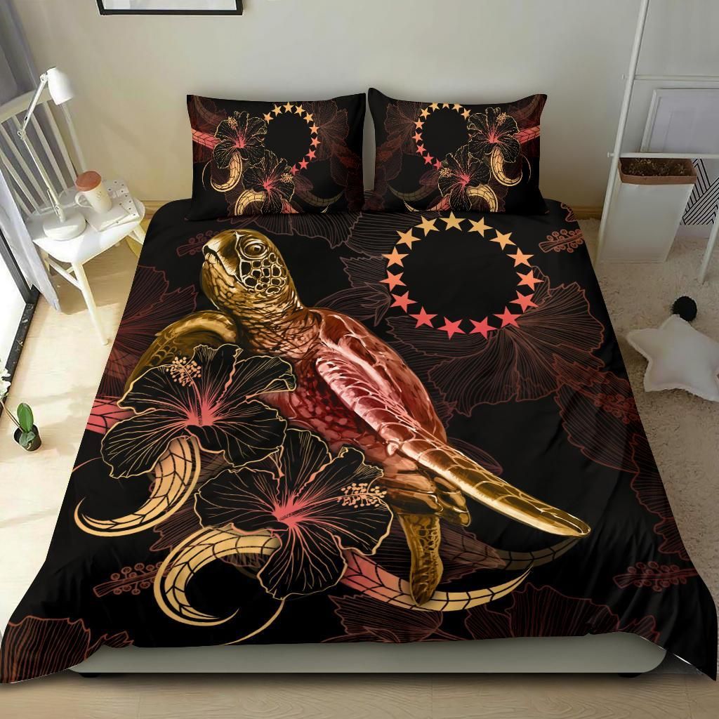 Cook Islands Polynesian Bedding Set - Turtle With Blooming Hibiscus Gold