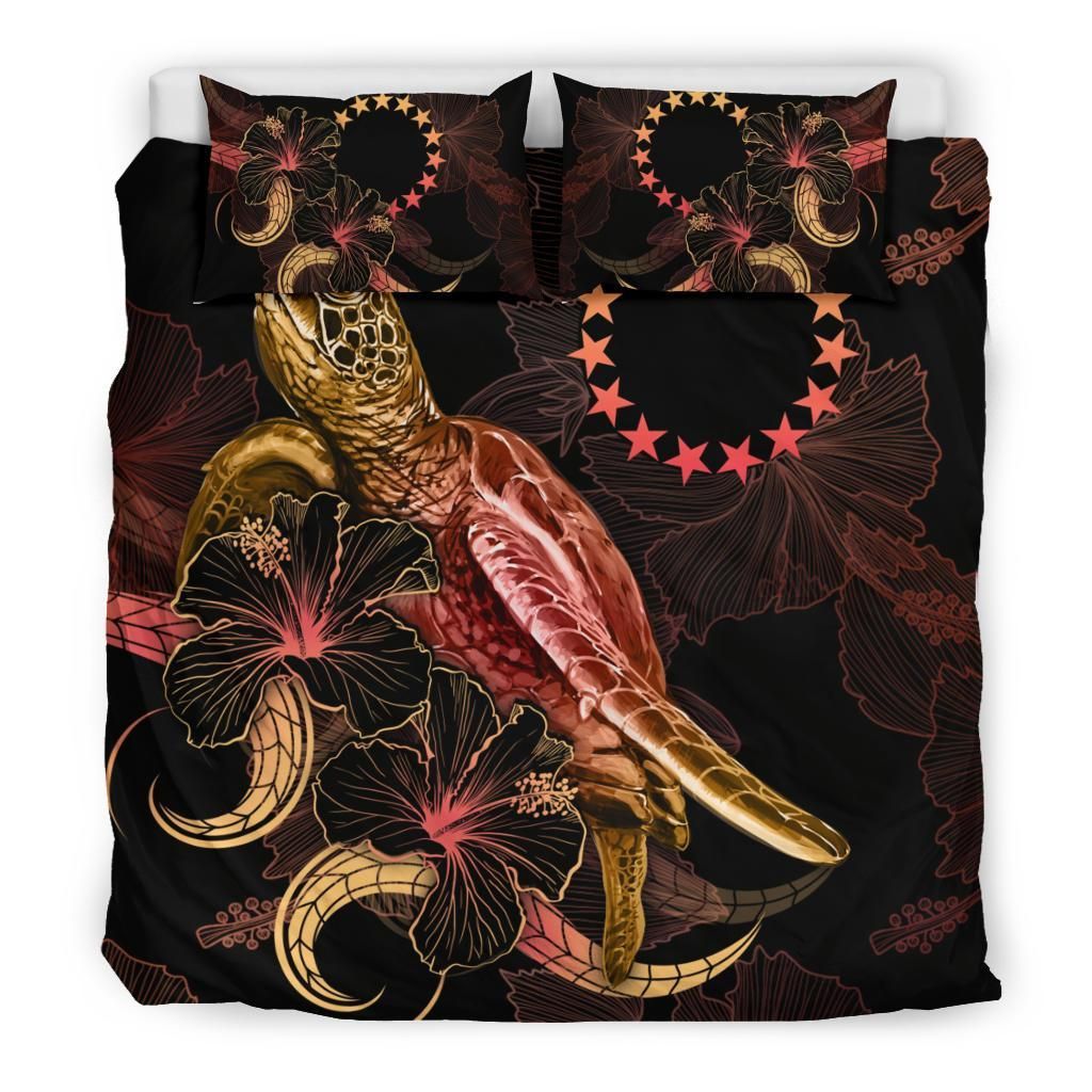 Cook Islands Polynesian Bedding Set - Turtle With Blooming Hibiscus Gold