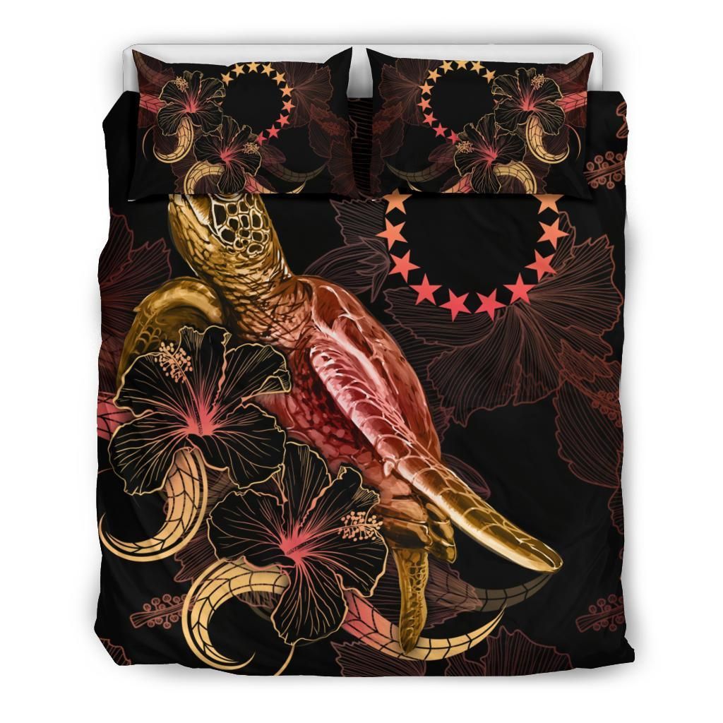 Cook Islands Polynesian Bedding Set - Turtle With Blooming Hibiscus Gold