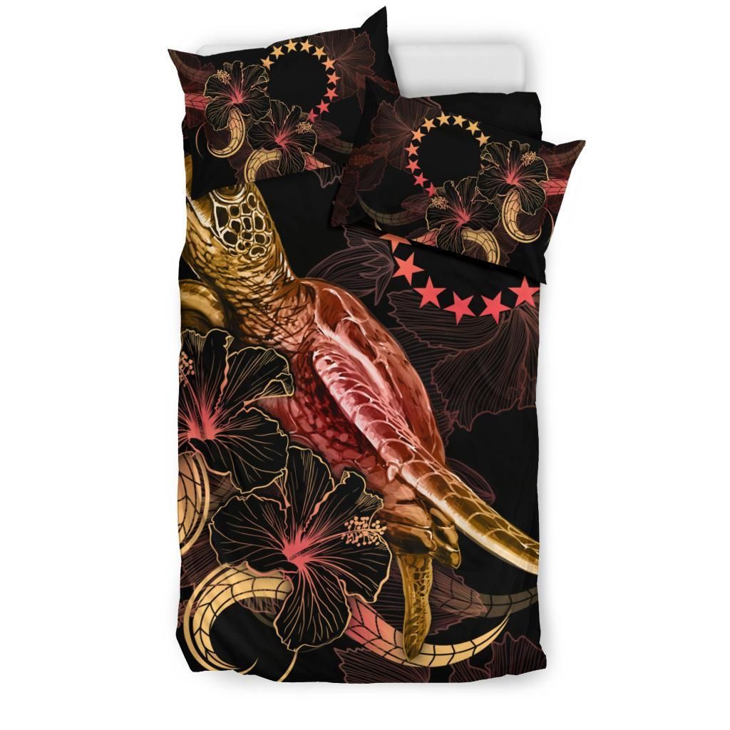 Cook Islands Polynesian Bedding Set - Turtle With Blooming Hibiscus Gold