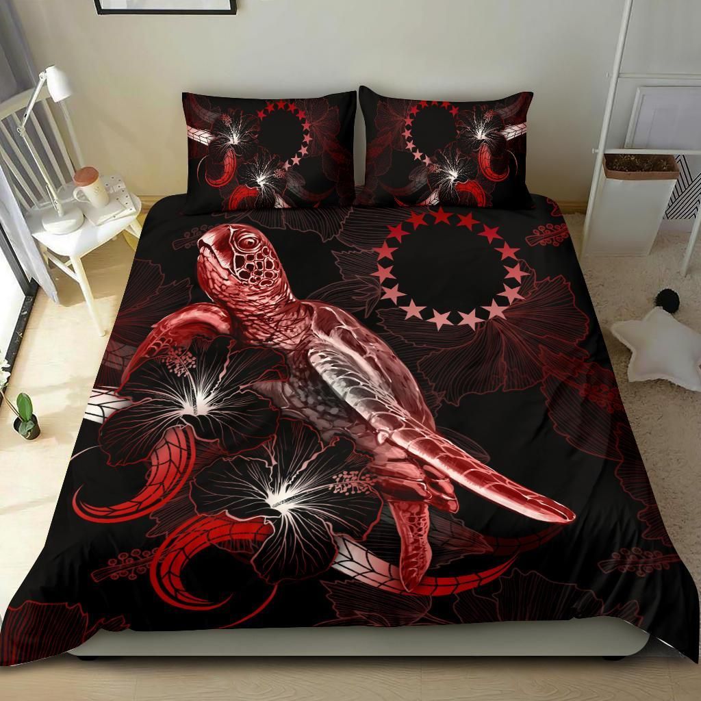 Cook Islands Polynesian Bedding Set - Turtle With Blooming Hibiscus Red