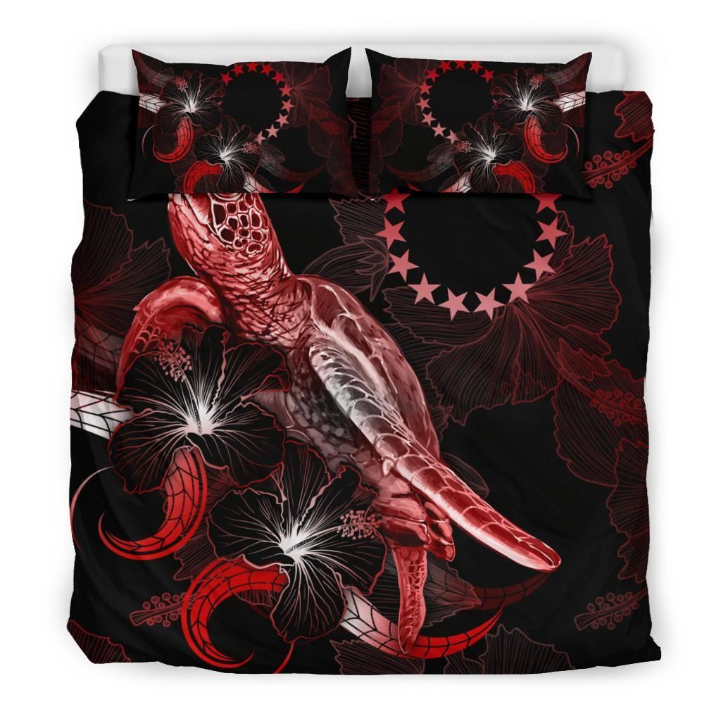 Cook Islands Polynesian Bedding Set - Turtle With Blooming Hibiscus Red