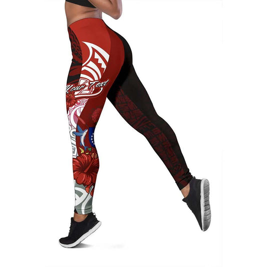 Cook Islands Polynesian Custom Personalised Legging  - Coat Of Arm With Hibiscus
