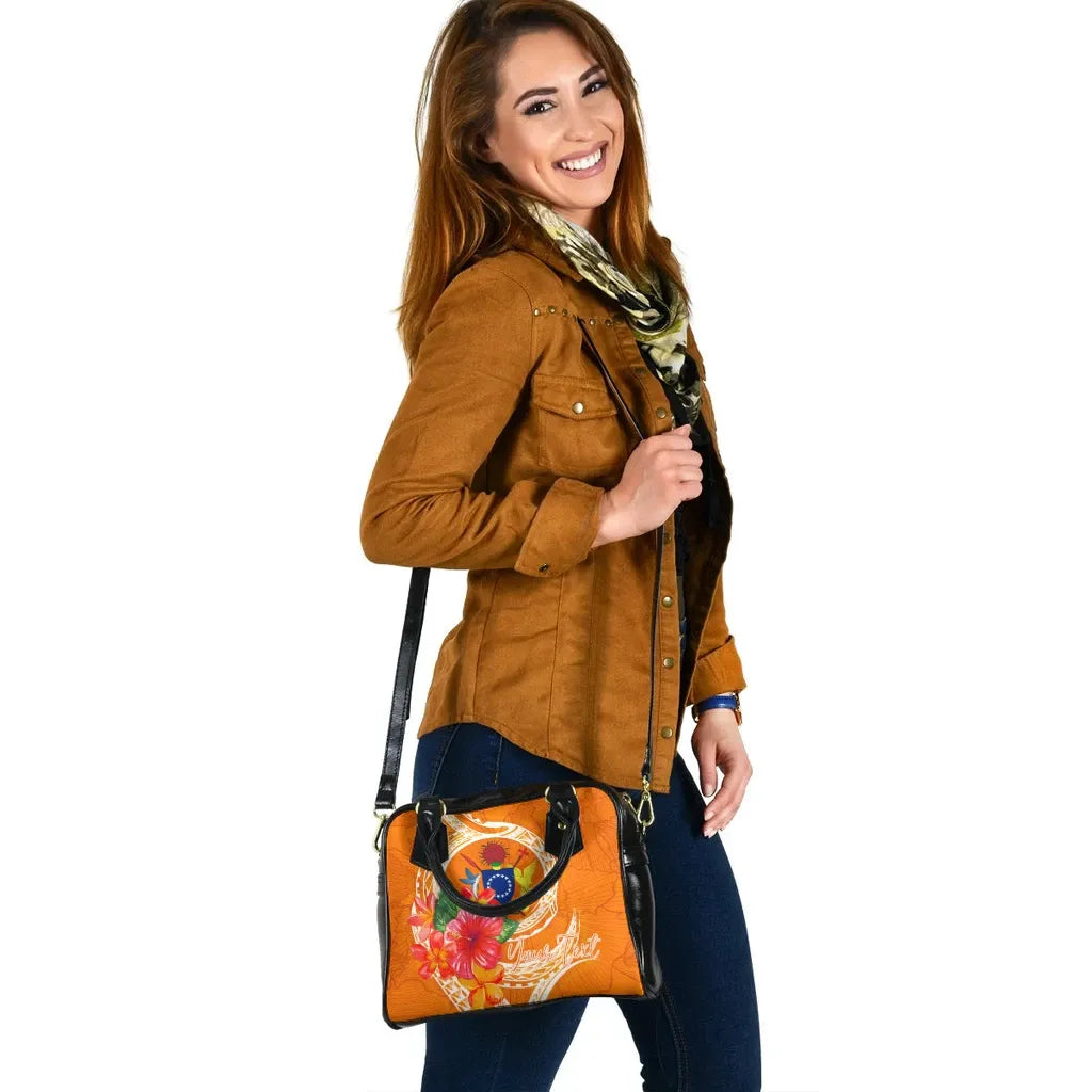Cook Islands Polynesian Custom Personalised Shoulder Handbag - Orange Floral With Seal