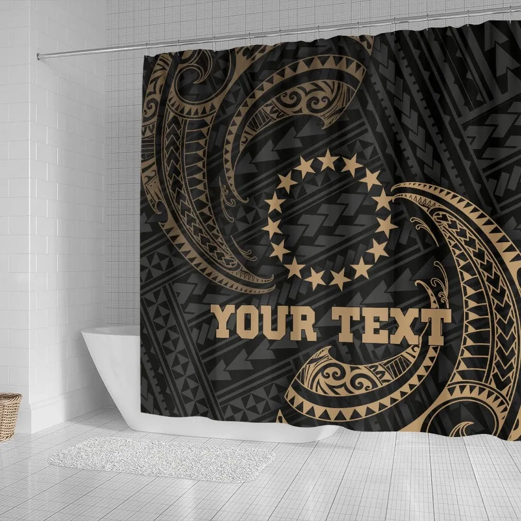 Cook Islands Polynesian Custom Personalised Shower Curtain - Gold Tribal Wave