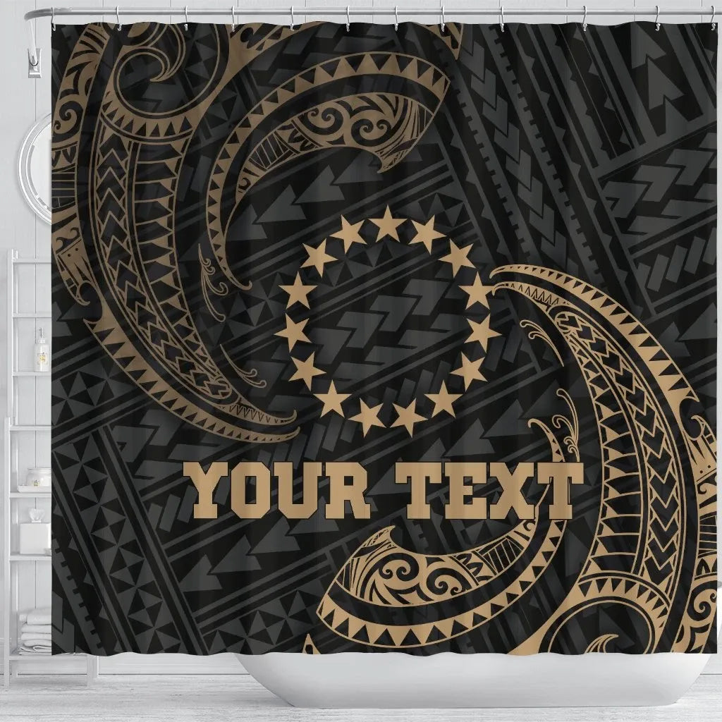 Cook Islands Polynesian Custom Personalised Shower Curtain - Gold Tribal Wave