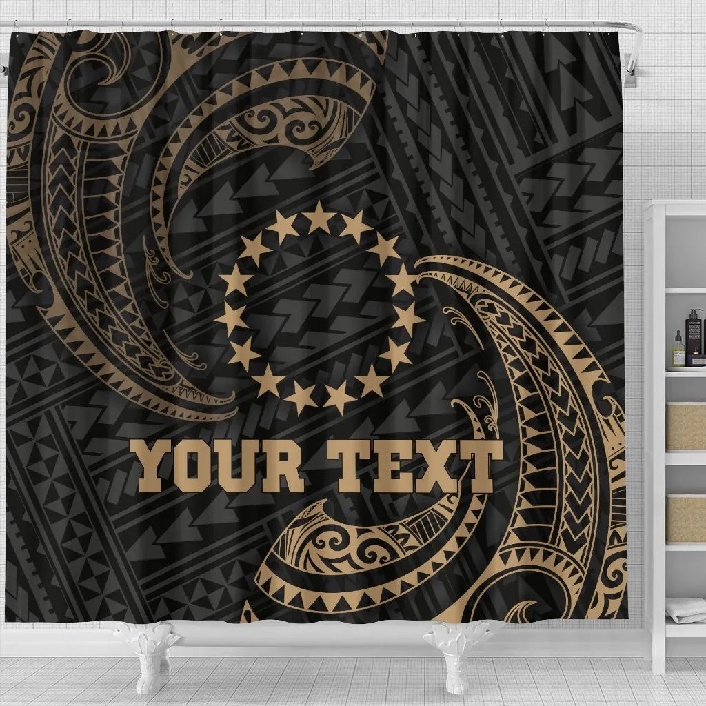 Cook Islands Polynesian Custom Personalised Shower Curtain - Gold Tribal Wave