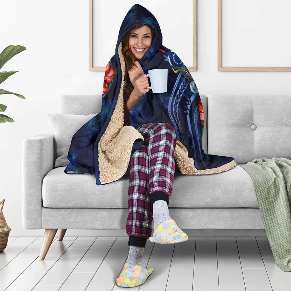Cook Islands Polynesian Hooded Blanket - Blue Turtle Hibiscus