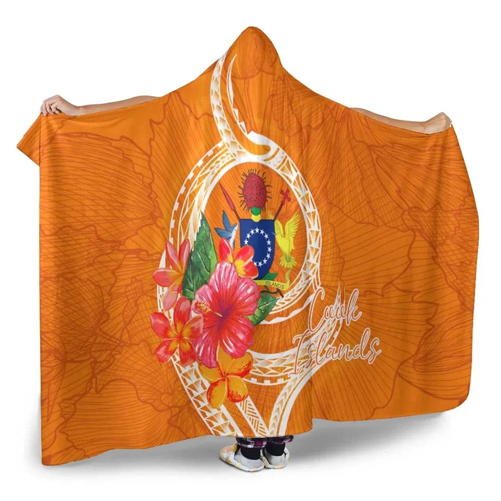 Cook Islands Polynesian Hooded Blanket - Orange Floral With Seal
