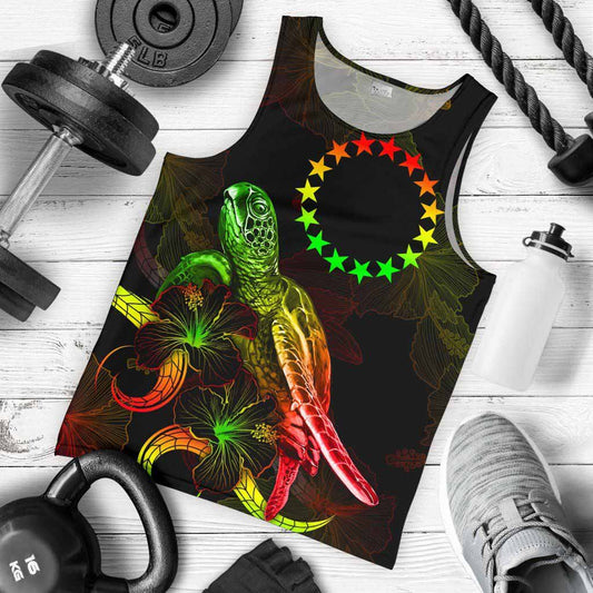 Cook Islands Polynesian Men Tank Top - Turtle With Blooming Hibiscus Reggae