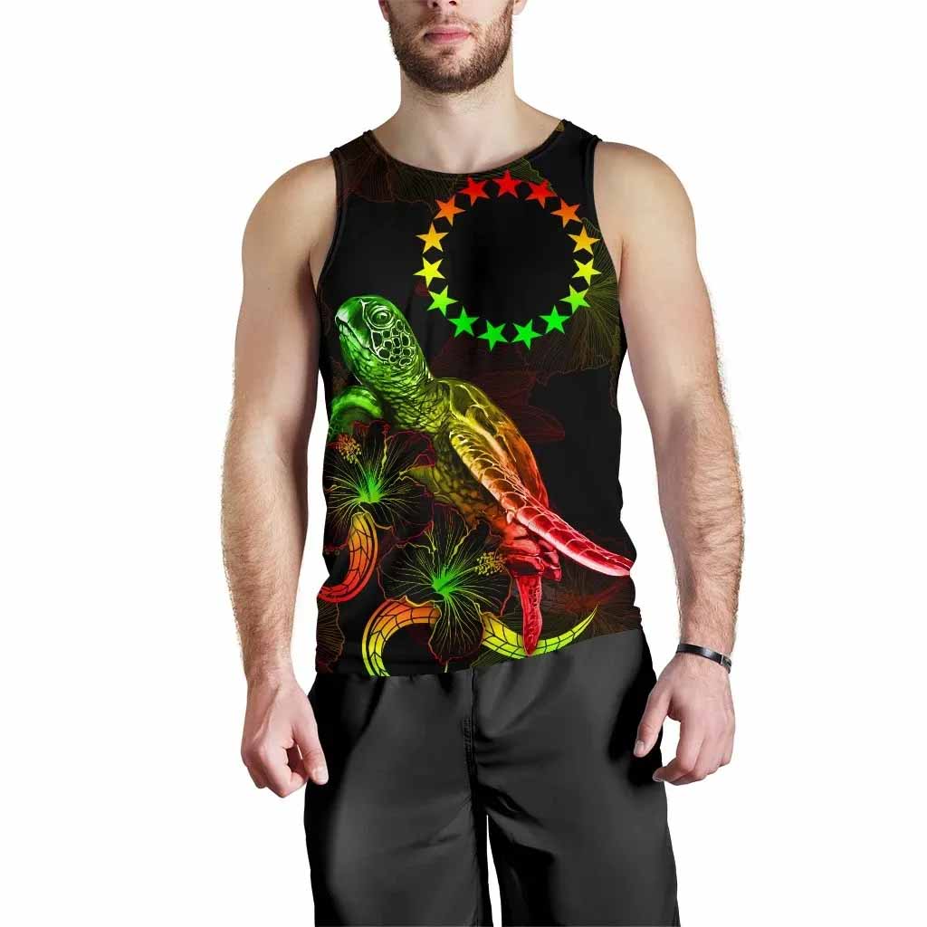 Cook Islands Polynesian Men Tank Top - Turtle With Blooming Hibiscus Reggae