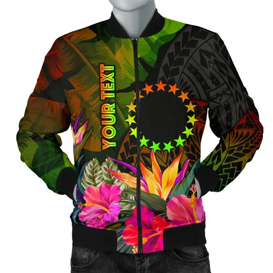 Cook Islands Polynesian Personalised Bomber Jacket - Hibiscus and Banana Leaves