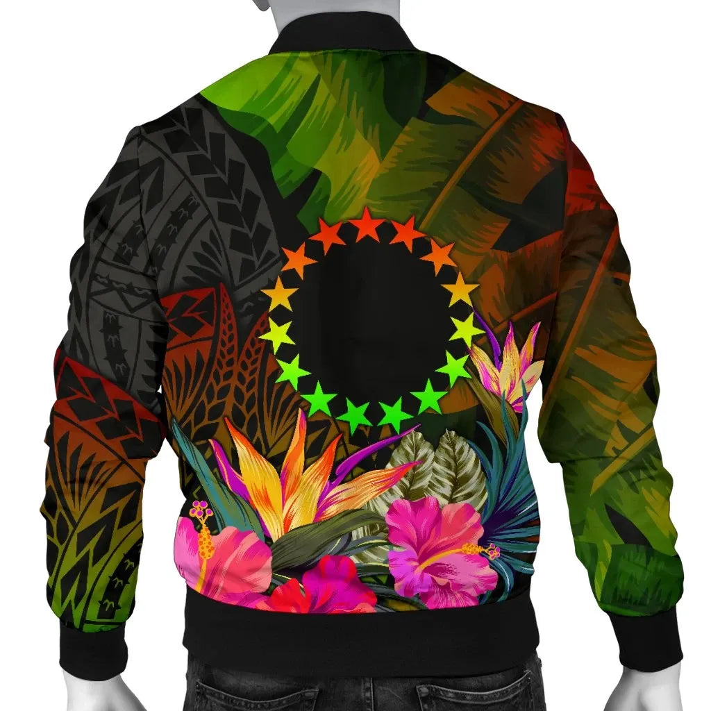 Cook Islands Polynesian Personalised Bomber Jacket - Hibiscus and Banana Leaves
