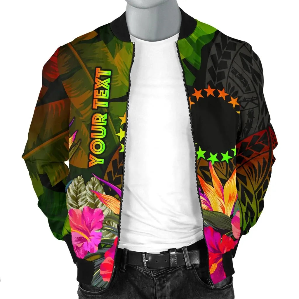 Cook Islands Polynesian Personalised Bomber Jacket - Hibiscus and Banana Leaves