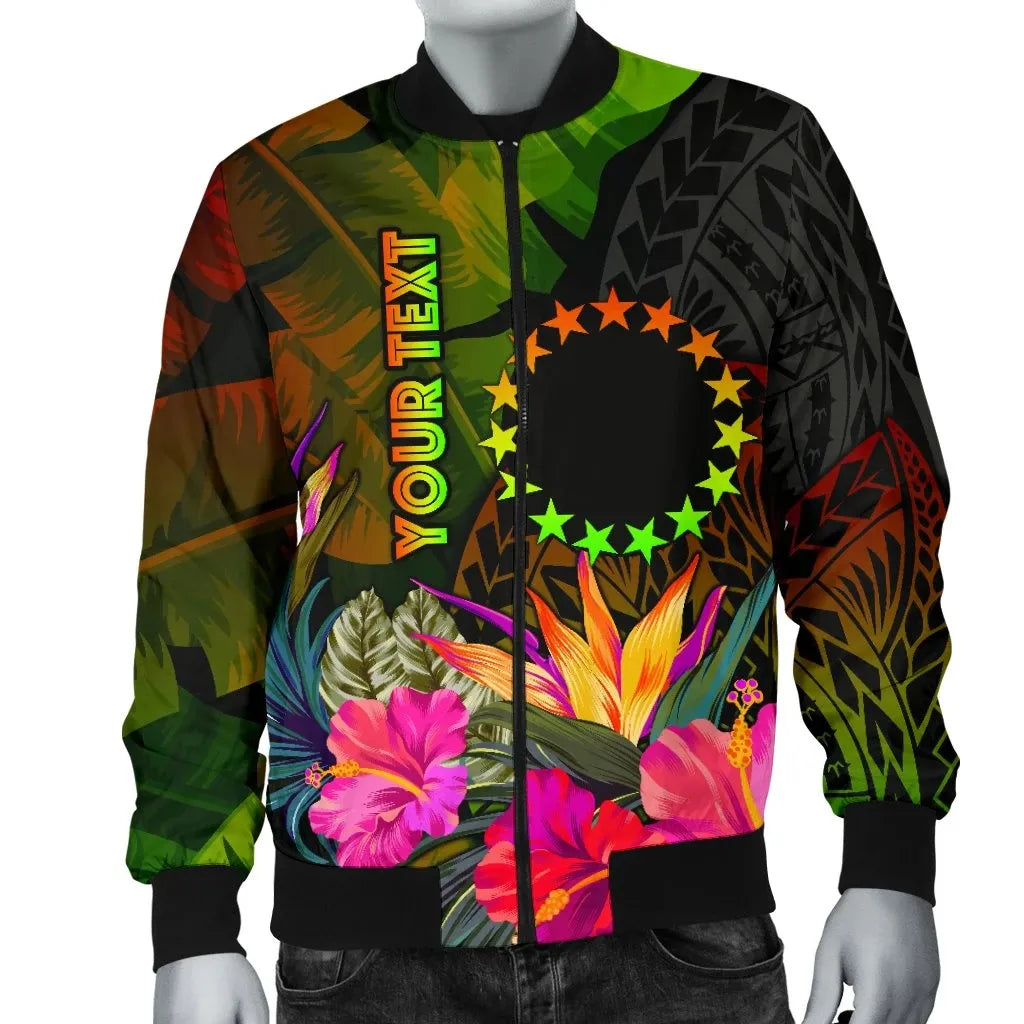 Cook Islands Polynesian Personalised Bomber Jacket - Hibiscus and Banana Leaves