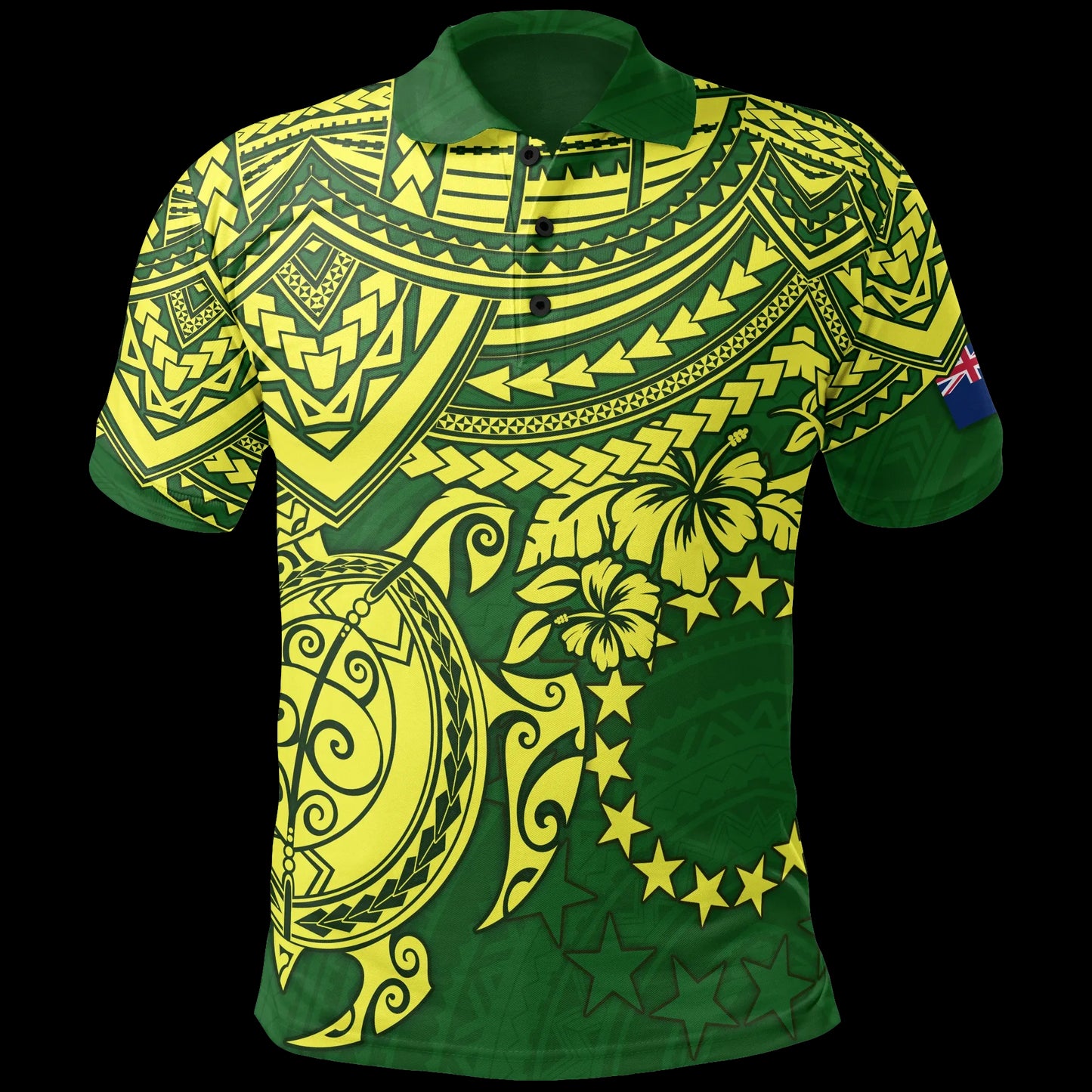 Cook Islands Polo Shirt - Cook Islands Flag Yellow Turtle Hibiscus