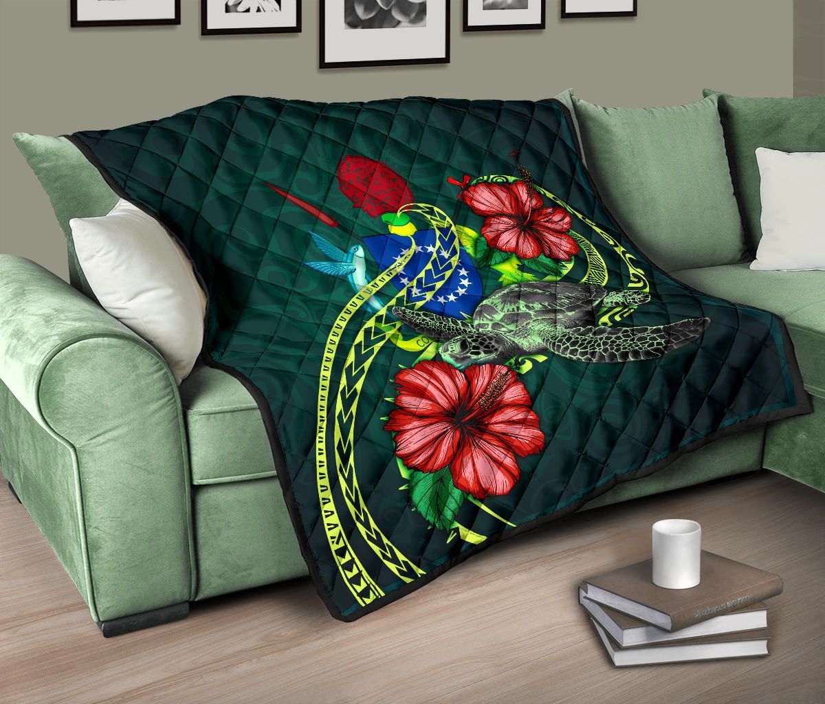 Cook Islands Polynesian Premium Quilt - Green Turtle Hibiscus