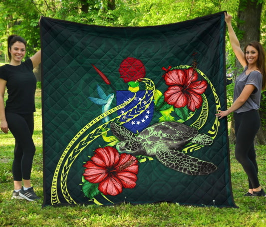 Cook Islands Polynesian Premium Quilt - Green Turtle Hibiscus