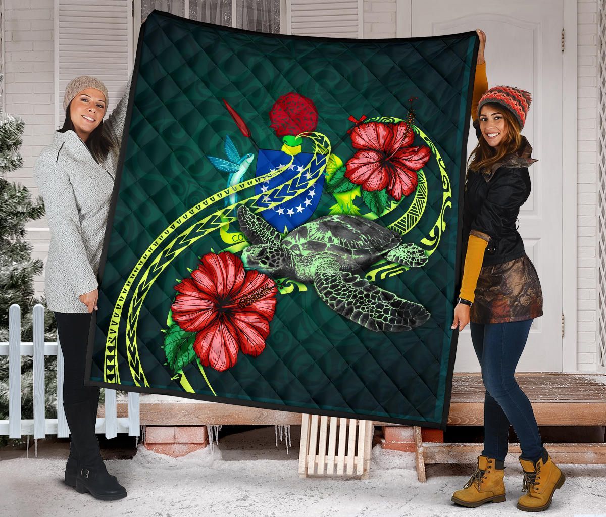 Cook Islands Polynesian Premium Quilt - Green Turtle Hibiscus