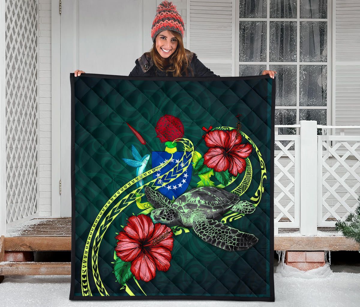 Cook Islands Polynesian Premium Quilt - Green Turtle Hibiscus