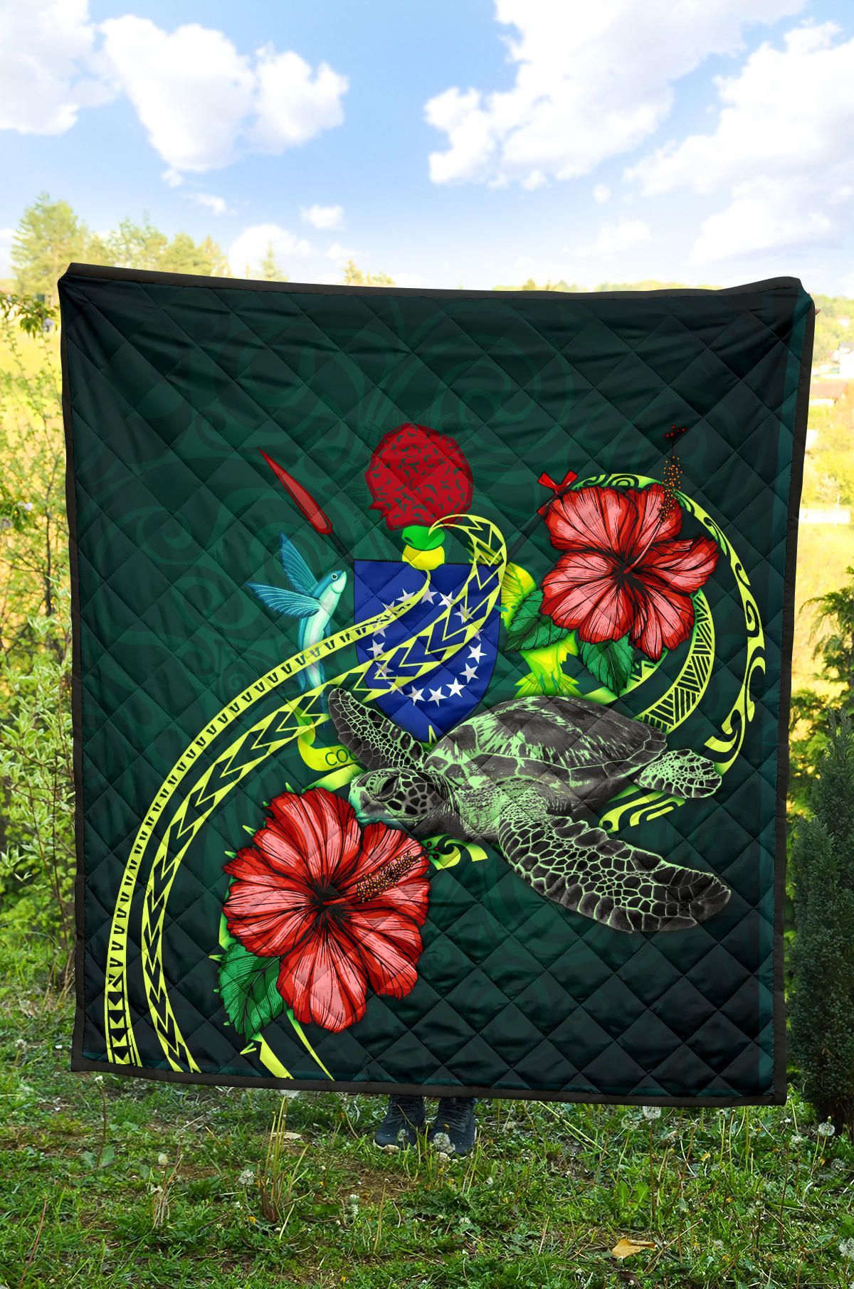 Cook Islands Polynesian Premium Quilt - Green Turtle Hibiscus