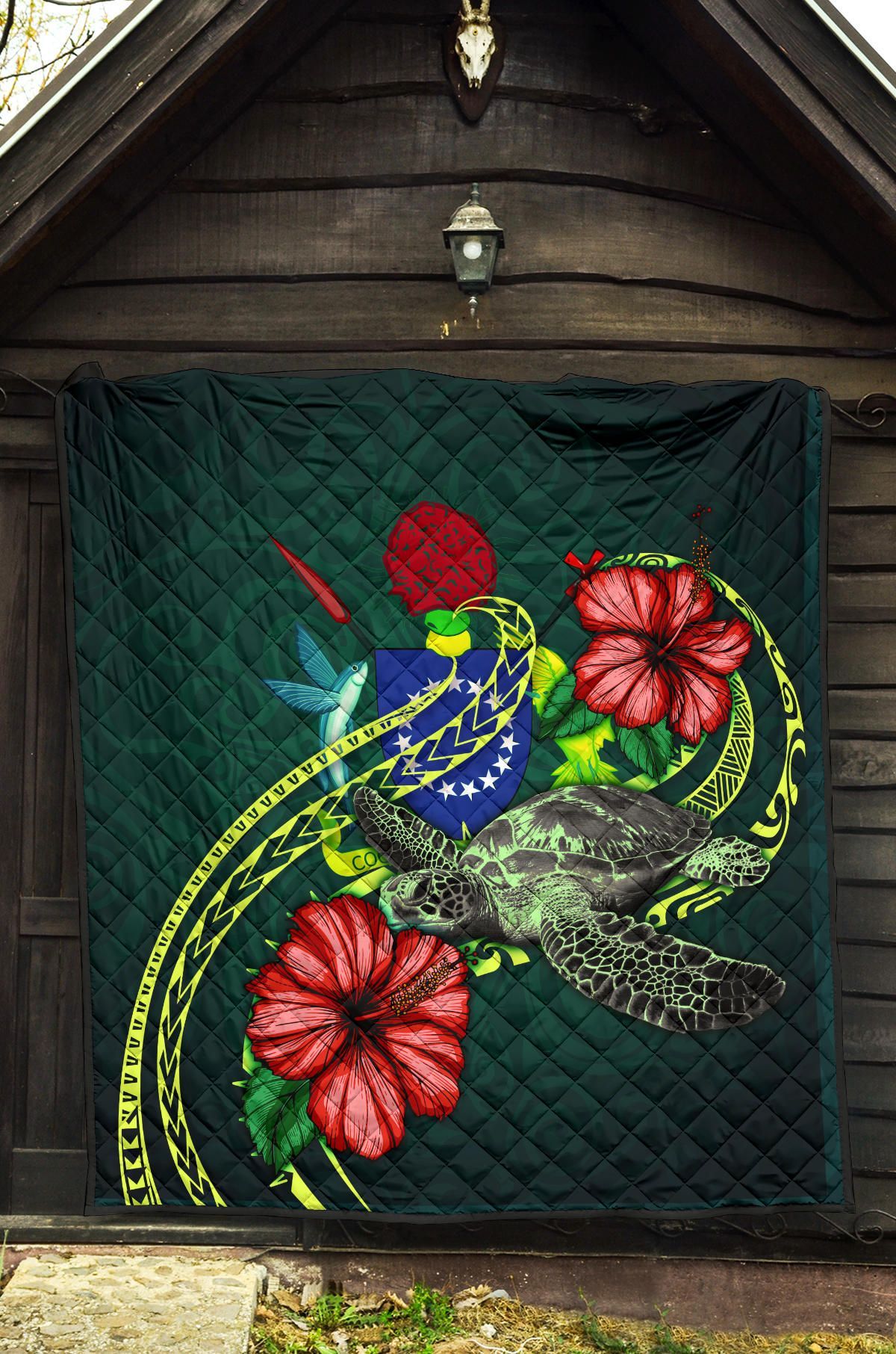 Cook Islands Polynesian Premium Quilt - Green Turtle Hibiscus