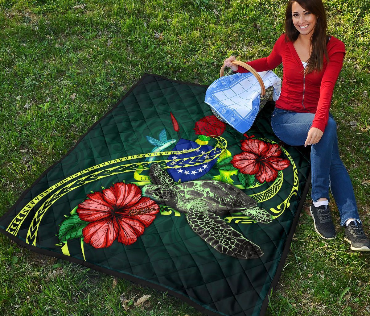 Cook Islands Polynesian Premium Quilt - Green Turtle Hibiscus