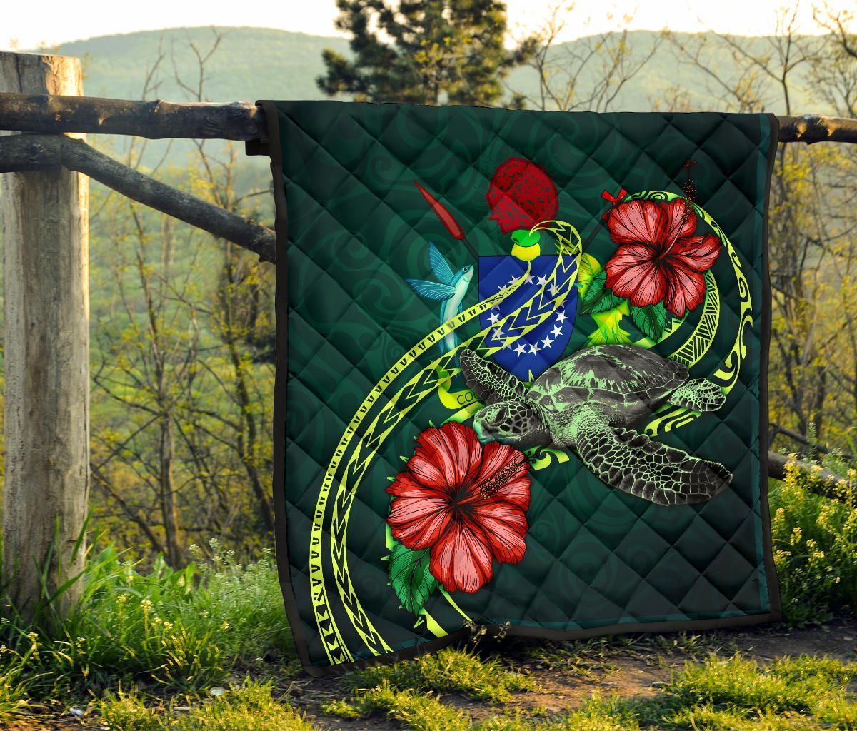 Cook Islands Polynesian Premium Quilt - Green Turtle Hibiscus
