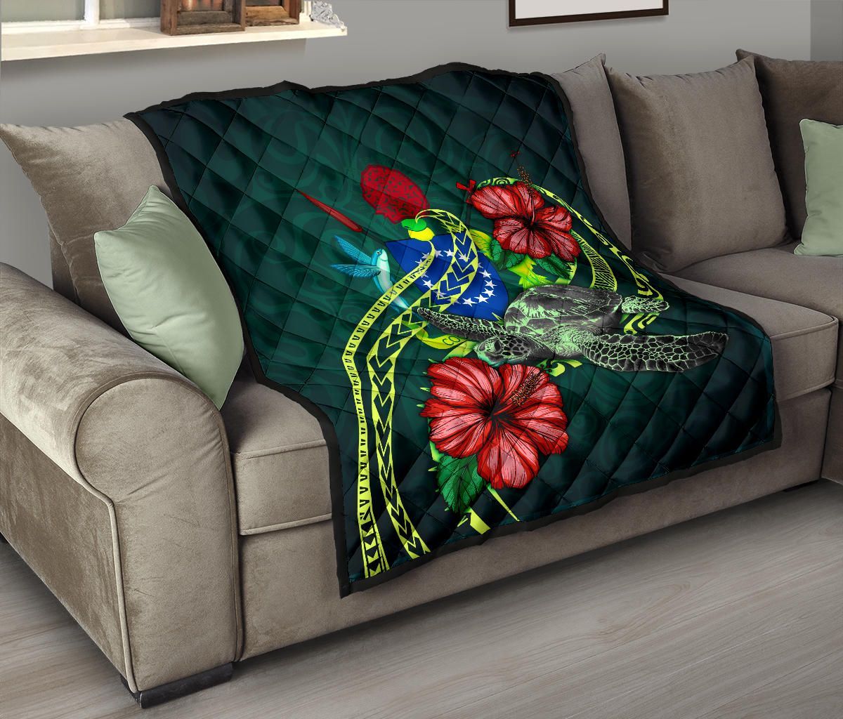 Cook Islands Polynesian Premium Quilt - Green Turtle Hibiscus