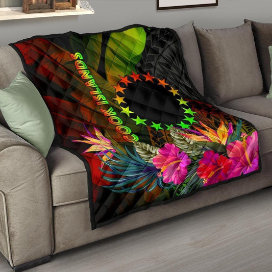 Cook Islands Polynesian Premium Quilt -  Hibiscus and Banana Leaves