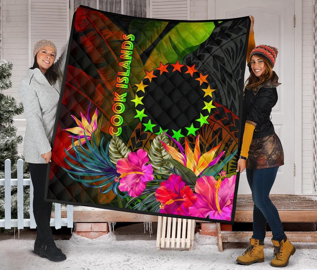 Cook Islands Polynesian Premium Quilt -  Hibiscus and Banana Leaves