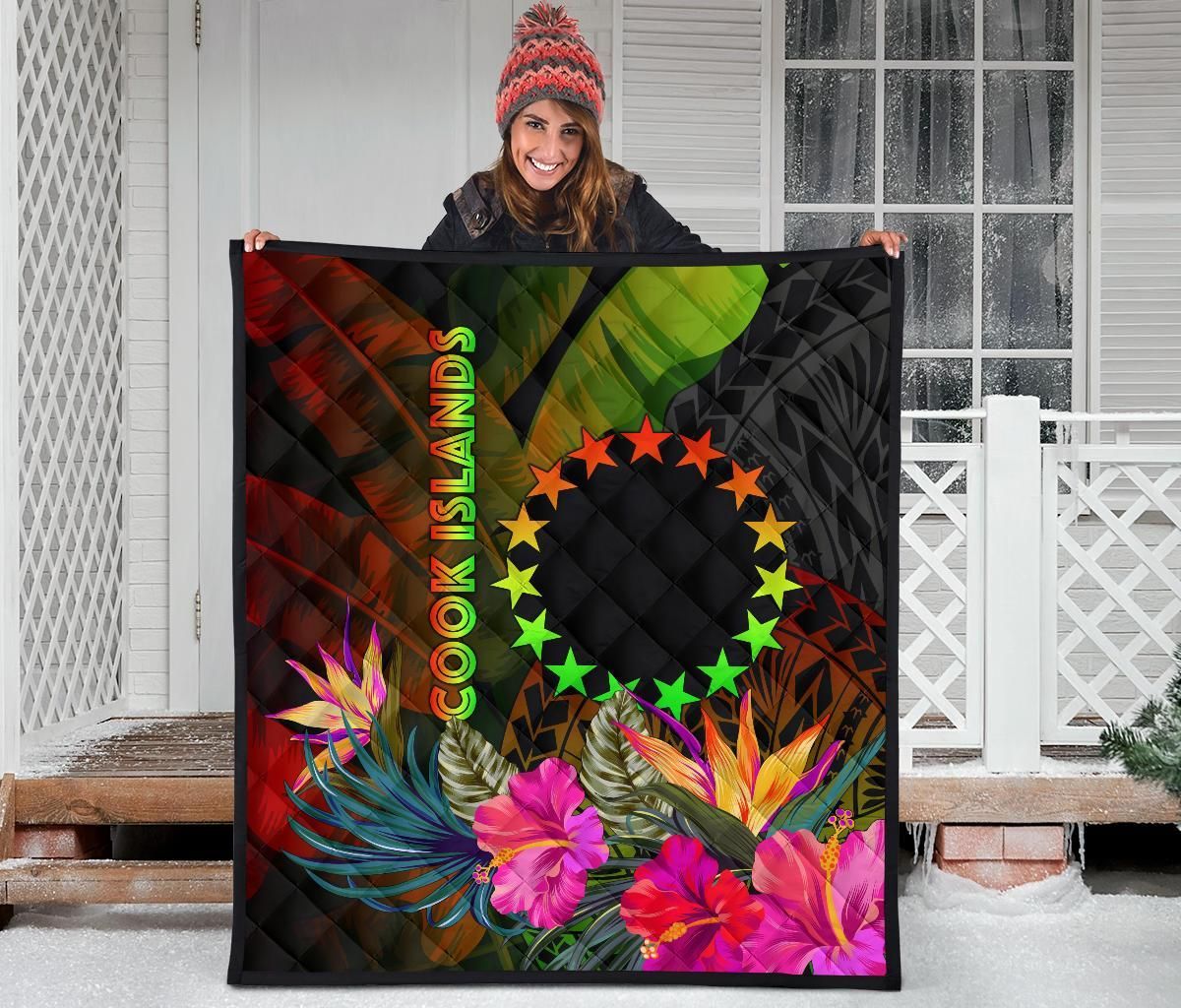 Cook Islands Polynesian Premium Quilt -  Hibiscus and Banana Leaves