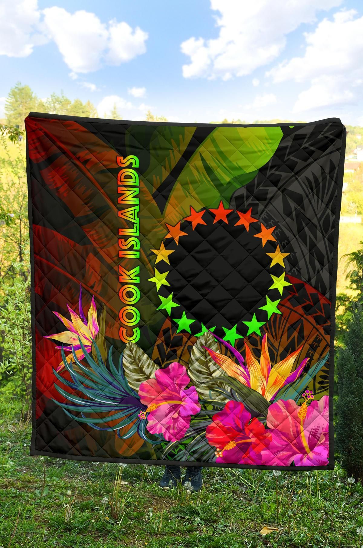 Cook Islands Polynesian Premium Quilt -  Hibiscus and Banana Leaves