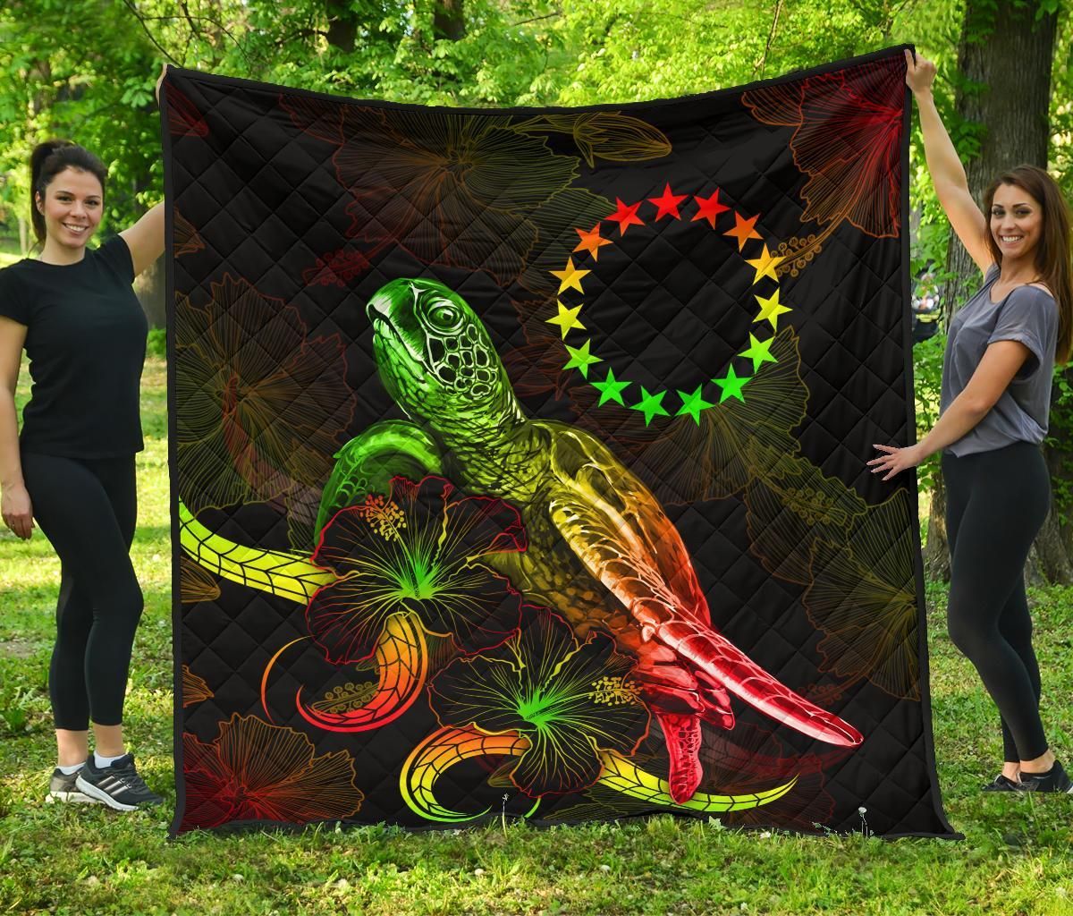 Cook Islands Polynesian Premium Quilt - Turtle With Blooming Hibiscus Reggae