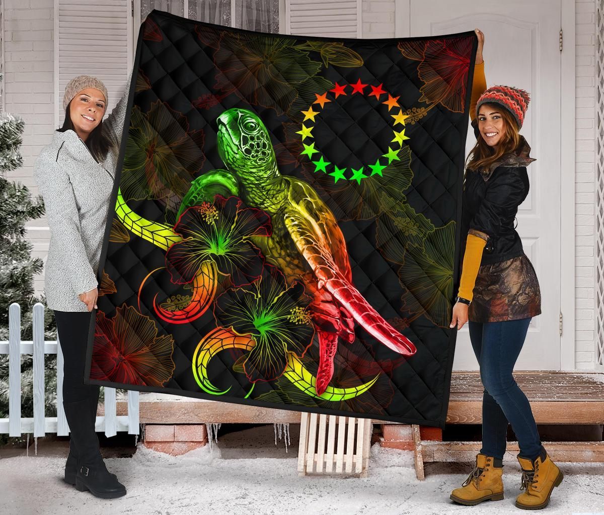 Cook Islands Polynesian Premium Quilt - Turtle With Blooming Hibiscus Reggae