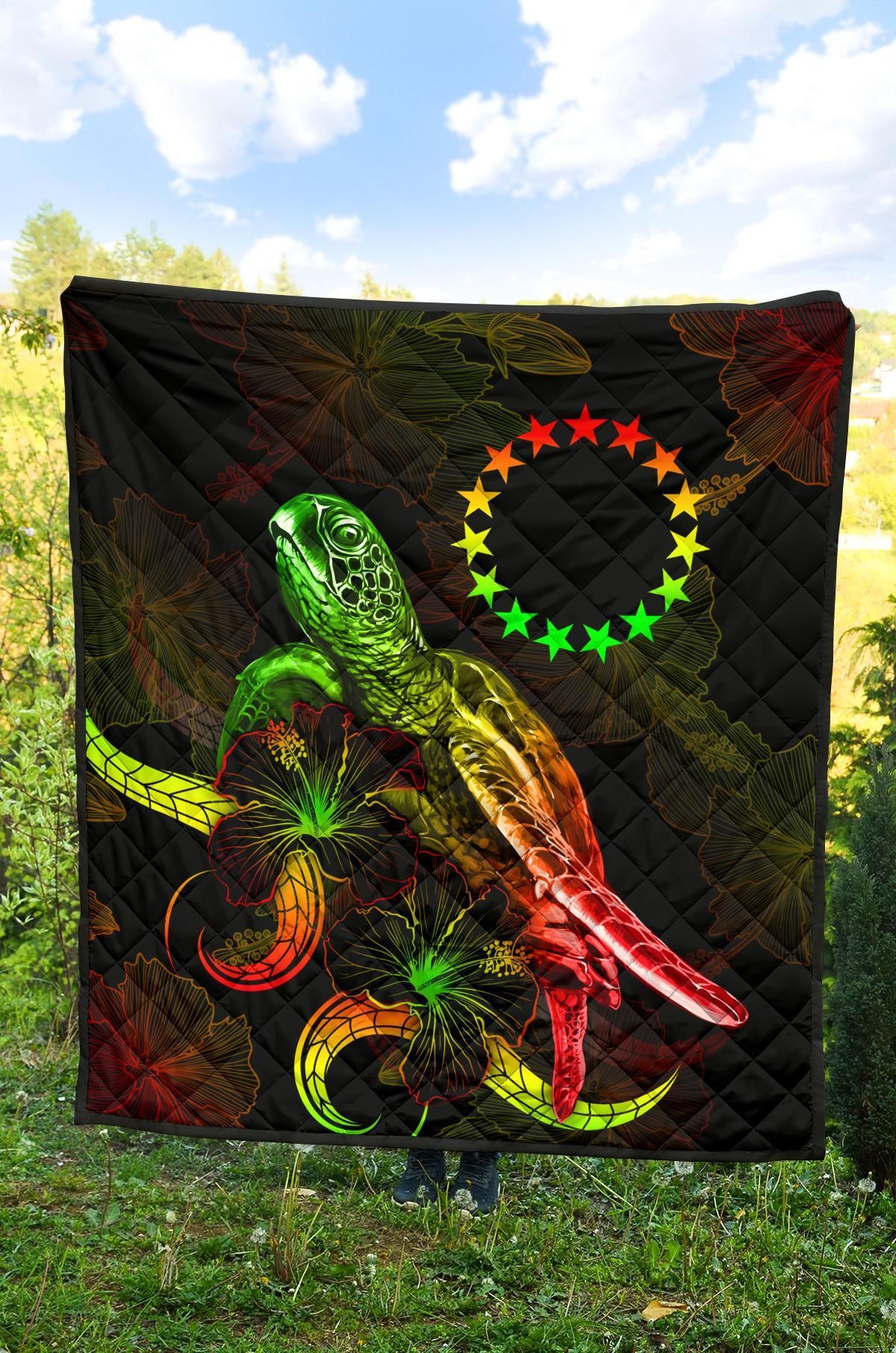 Cook Islands Polynesian Premium Quilt - Turtle With Blooming Hibiscus Reggae