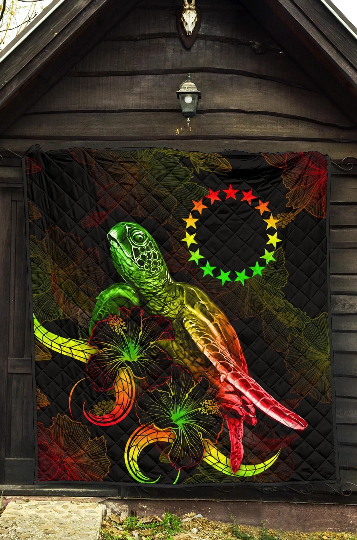 Cook Islands Polynesian Premium Quilt - Turtle With Blooming Hibiscus Reggae