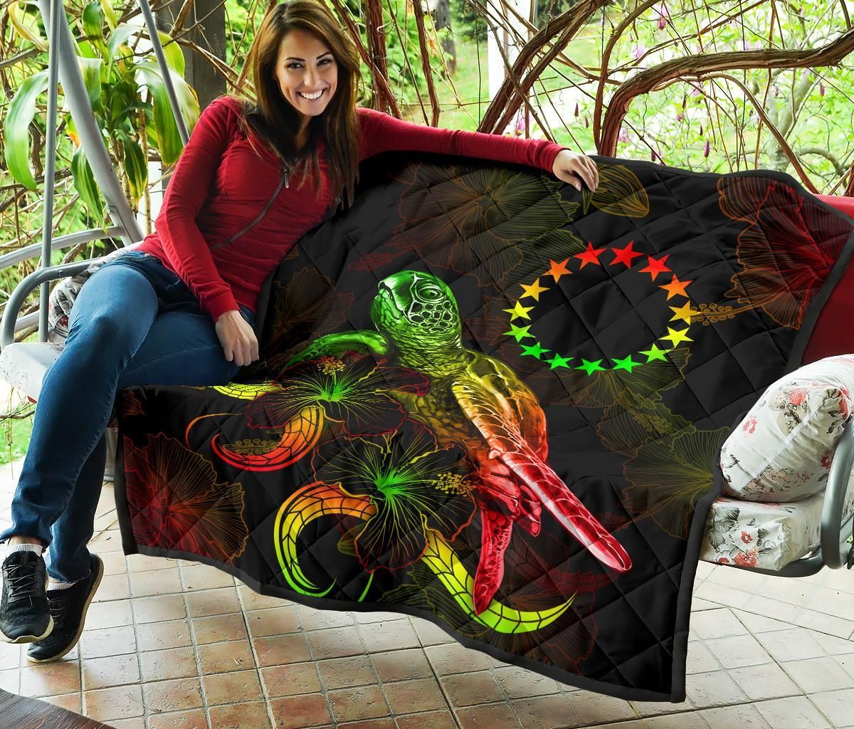 Cook Islands Polynesian Premium Quilt - Turtle With Blooming Hibiscus Reggae