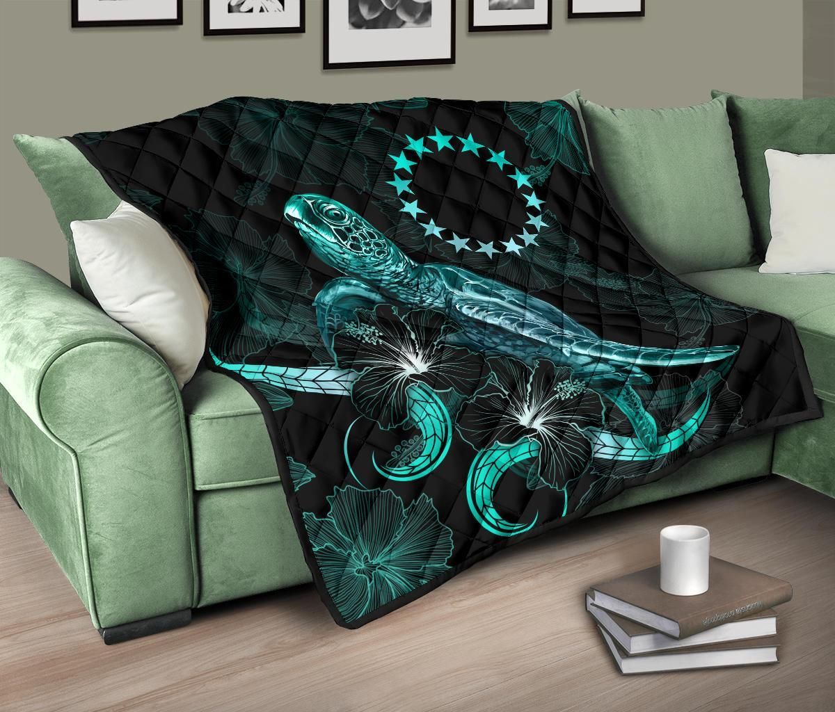 Cook Islands Polynesian Premium Quilt - Turtle With Blooming Hibiscus Turquoise