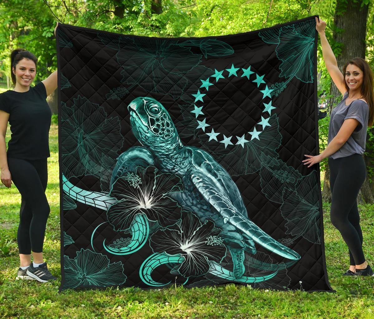 Cook Islands Polynesian Premium Quilt - Turtle With Blooming Hibiscus Turquoise