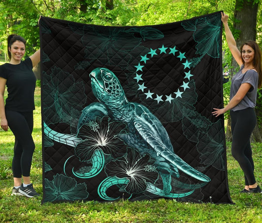 Cook Islands Polynesian Premium Quilt - Turtle With Blooming Hibiscus Turquoise