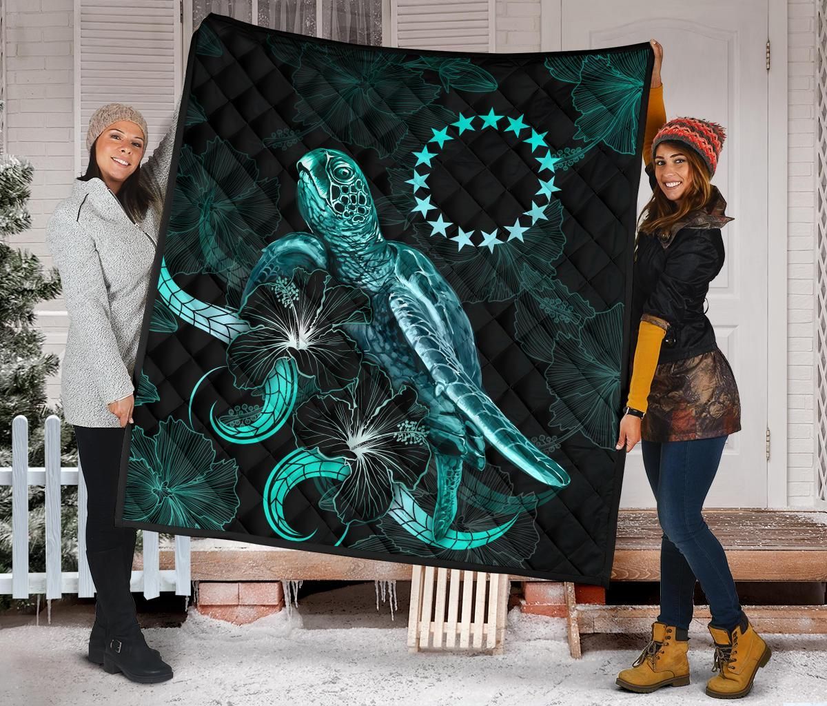 Cook Islands Polynesian Premium Quilt - Turtle With Blooming Hibiscus Turquoise