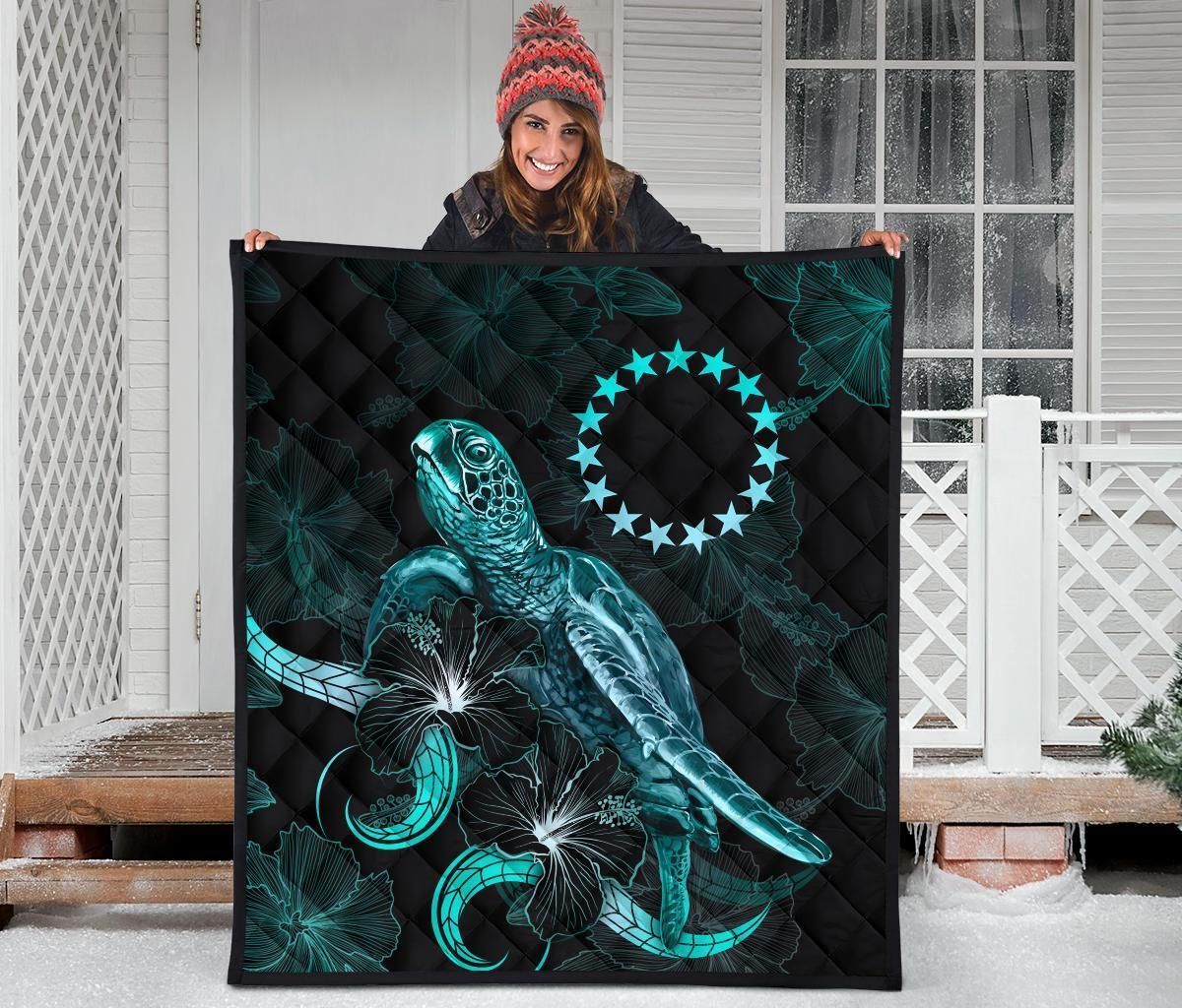 Cook Islands Polynesian Premium Quilt - Turtle With Blooming Hibiscus Turquoise
