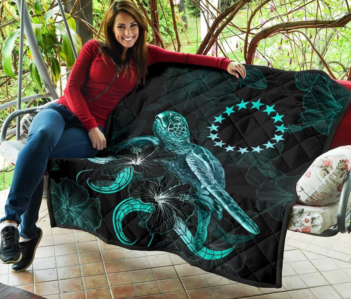 Cook Islands Polynesian Premium Quilt - Turtle With Blooming Hibiscus Turquoise