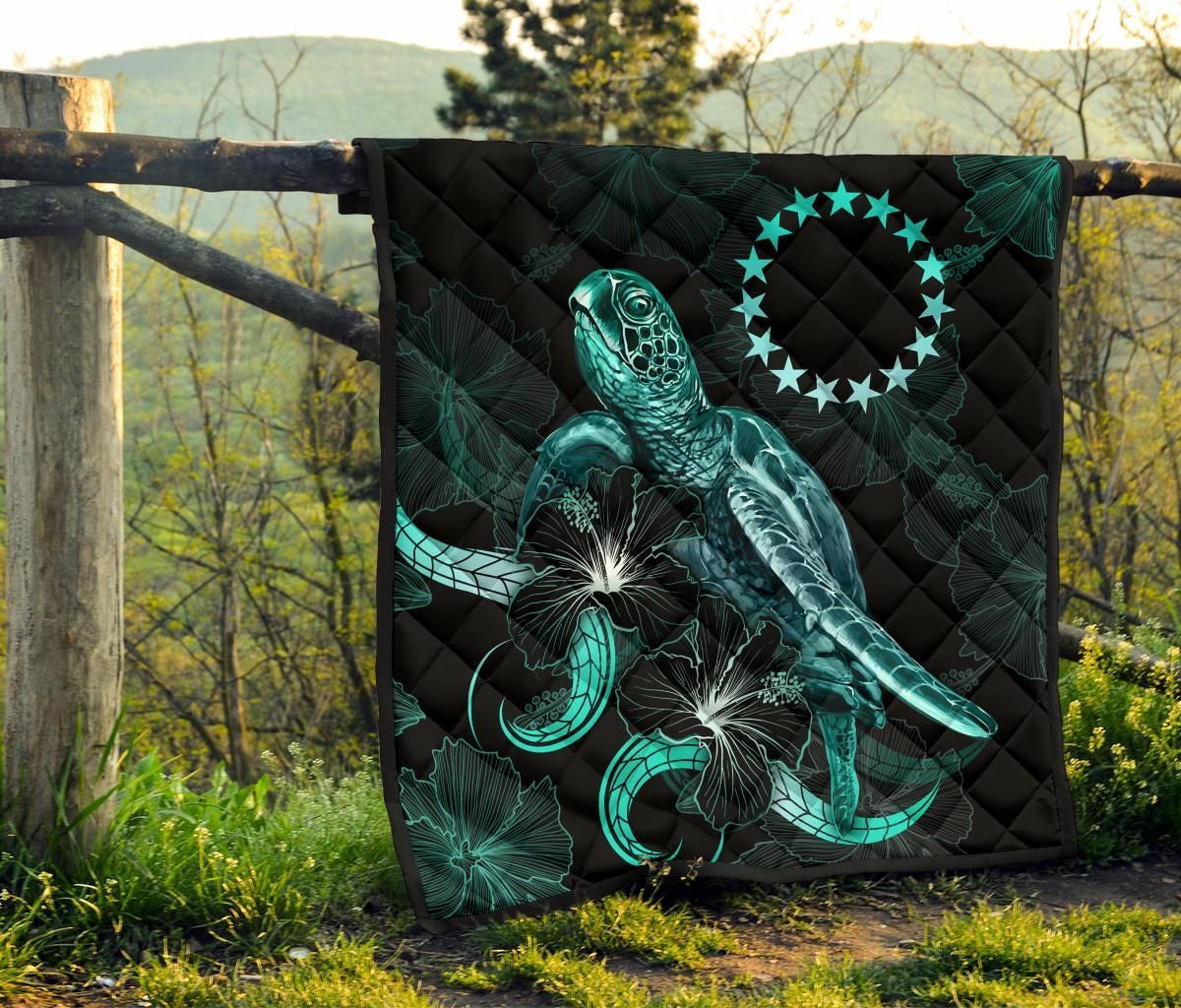 Cook Islands Polynesian Premium Quilt - Turtle With Blooming Hibiscus Turquoise