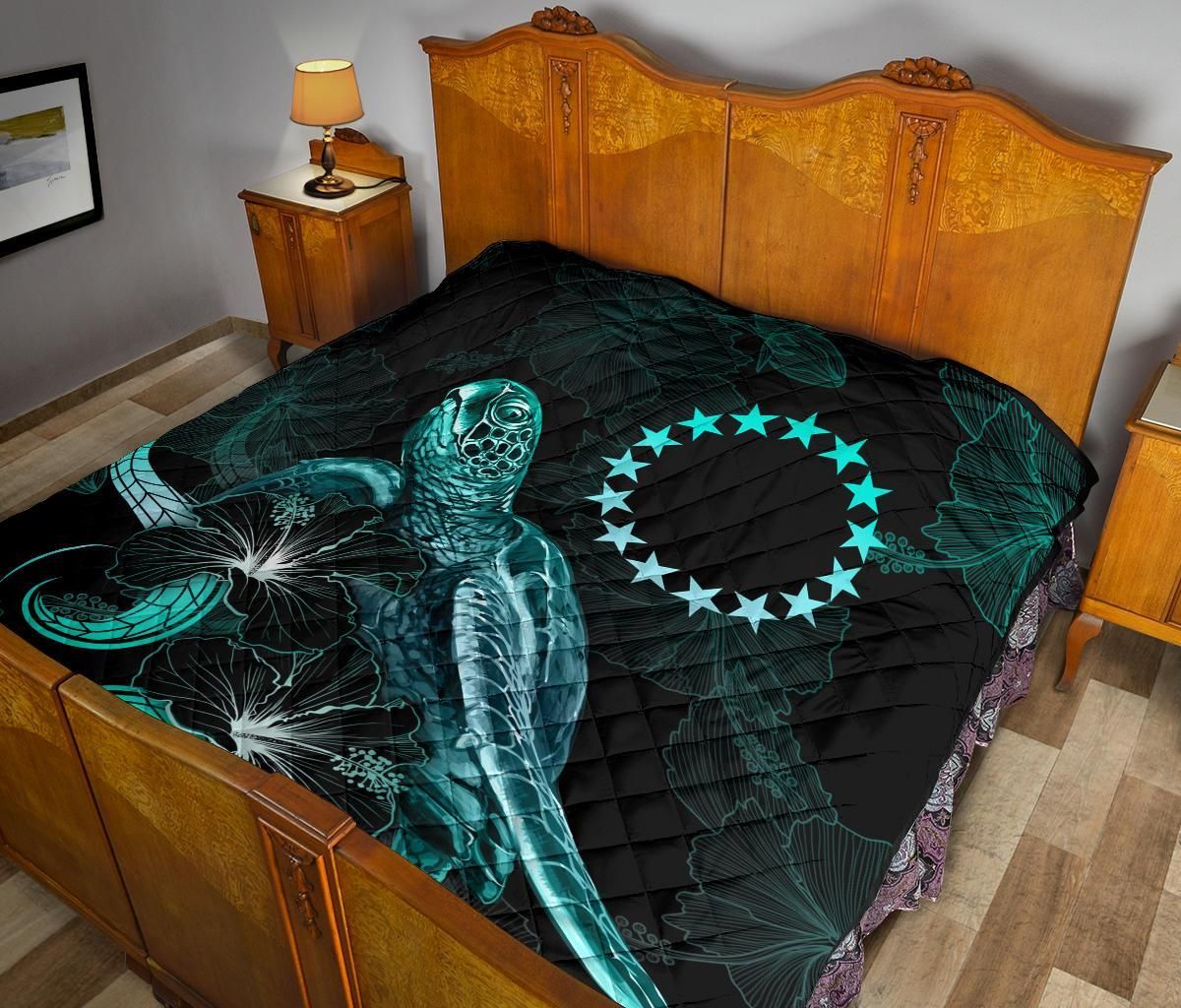 Cook Islands Polynesian Premium Quilt - Turtle With Blooming Hibiscus Turquoise
