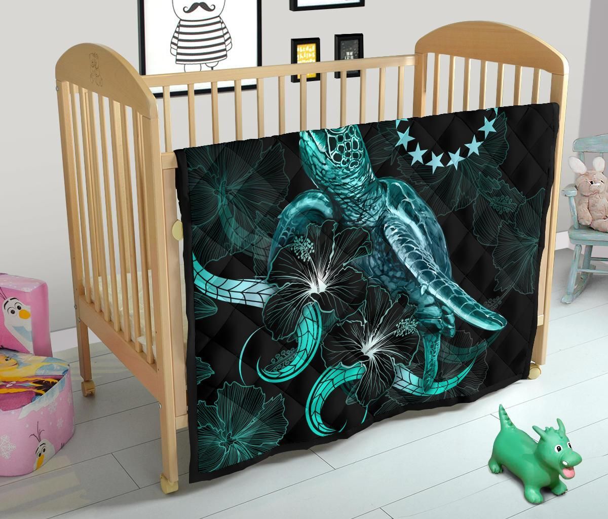 Cook Islands Polynesian Premium Quilt - Turtle With Blooming Hibiscus Turquoise