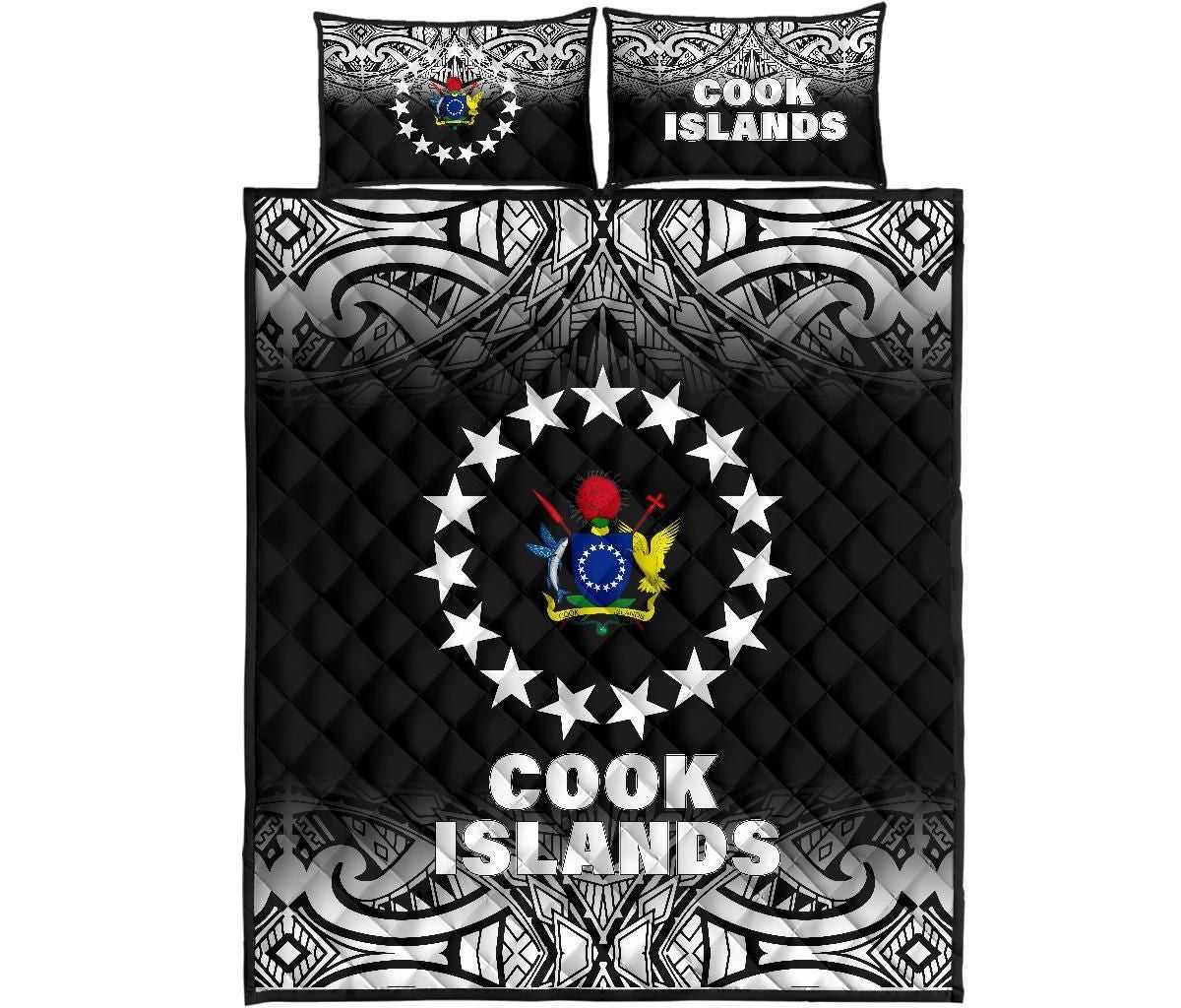 Cook Islands Quilt Bed Set - Cook Islands Flag Coat Of Arms Polynesian Tattoo Black Fog Style