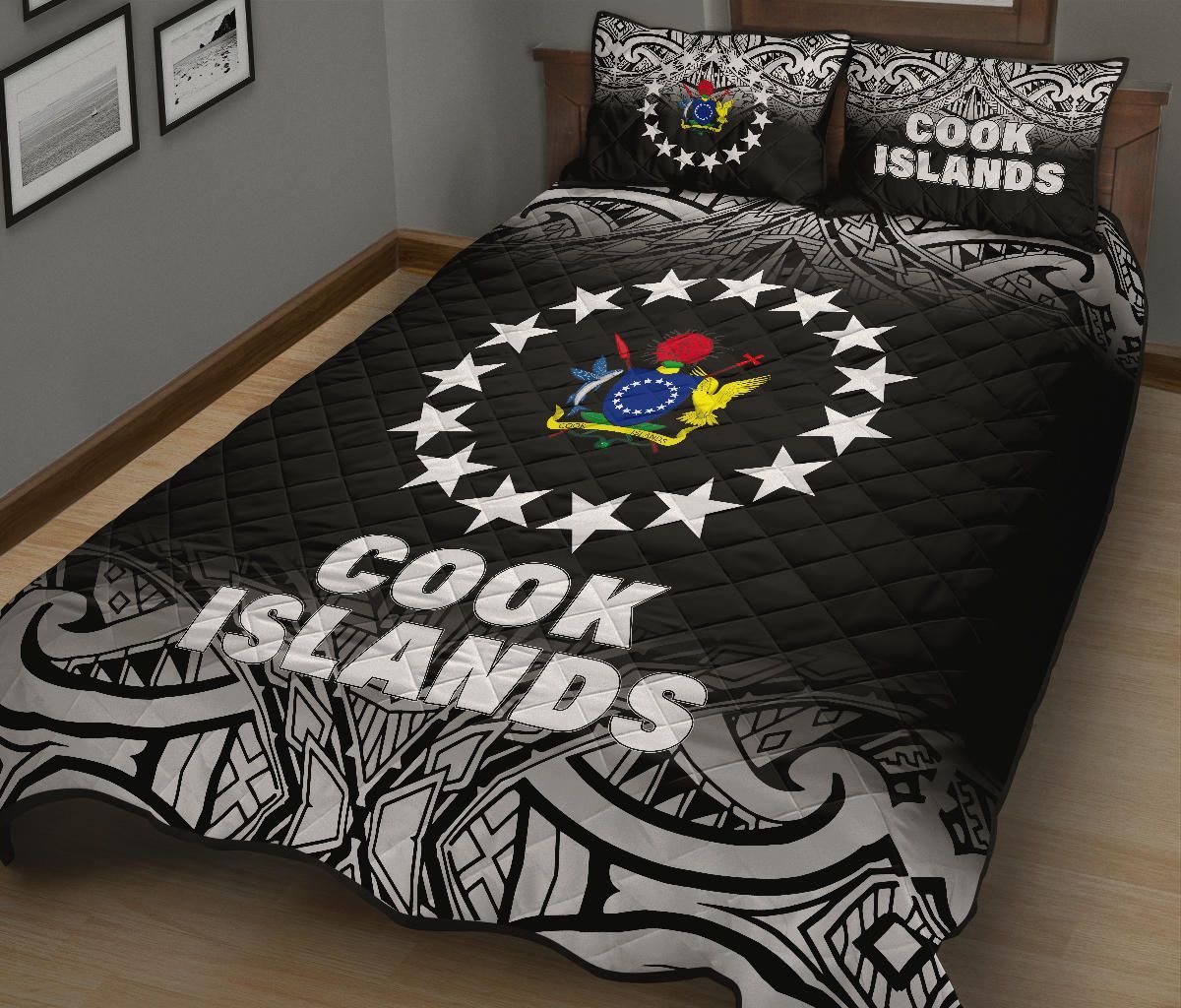Cook Islands Quilt Bed Set - Cook Islands Flag Coat Of Arms Polynesian Tattoo Black Fog Style
